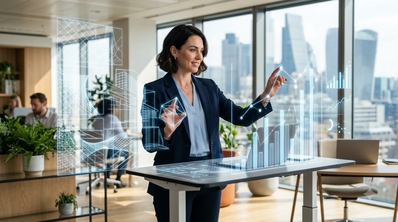 Professional engineer interacting with holographic data analytics
